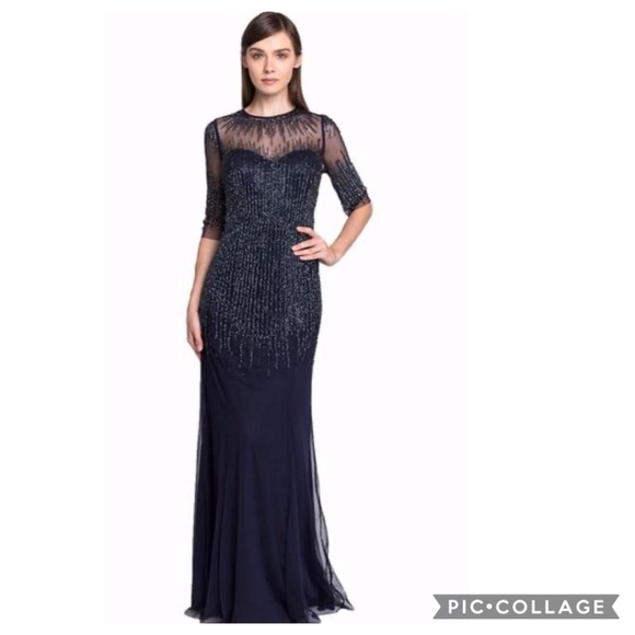 Adrianna Papell beaded 3/4 sleeves illusion sweetheart neck long gown - Picture 4 of 15